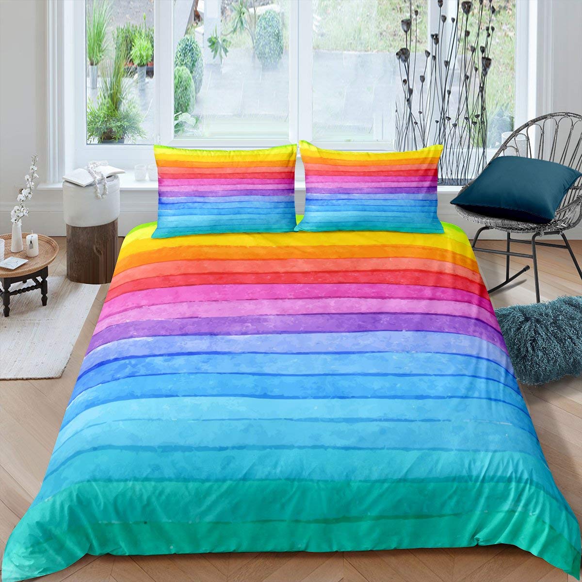 Girls Duvet Cover Rainbow Stripe Bedding Set For Kids Girls Teens Bright Colorful Striped Lines Comforter Cover Ultra Soft Bedding & Linen Single Size Zipper