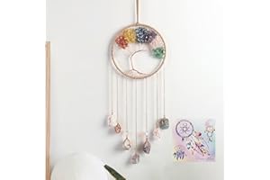 DREAMSUM 7 Chakra Wind Chimes Raw Stone Tree of Life Dream Catchers Hanging Ornament Natural Crystal Wind Chime for Home Garden Decoration(Gold)