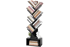 Hoctieon 6 Tier Tree Bookshelf, Tall Bookcase with Drawer, Freestanding Book Shelf, Display Floor Standing Storage Shelf, Book Organizer Shelves for Home Office, Living Room, Bedroom, Black