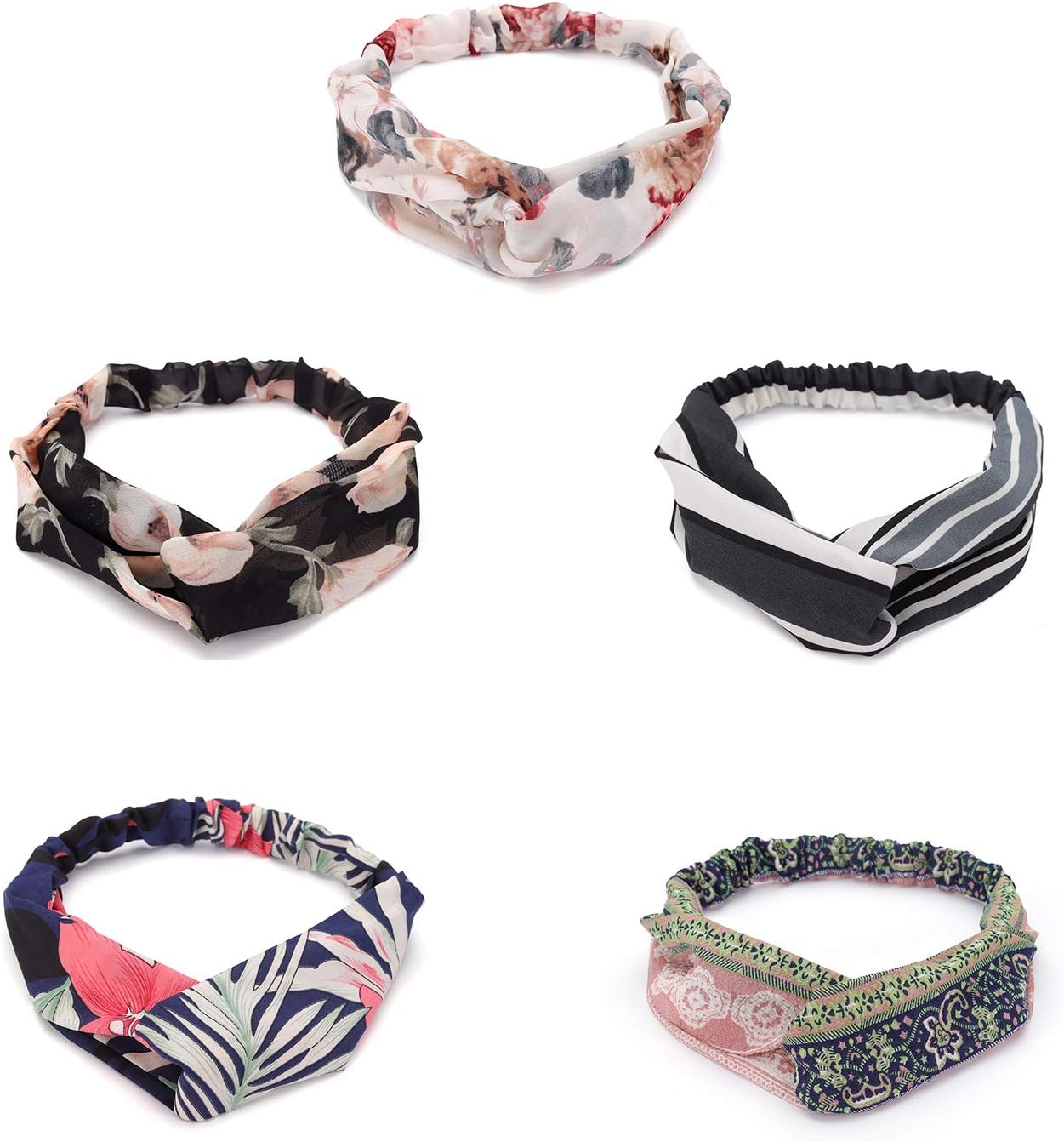 Homwel Women Headbands 5-10Packs Bohemian Vintage Flower Criss Cross Elastic Hairband,Hair Warp for Ladies,Yoga, Running and Party's Best Choice