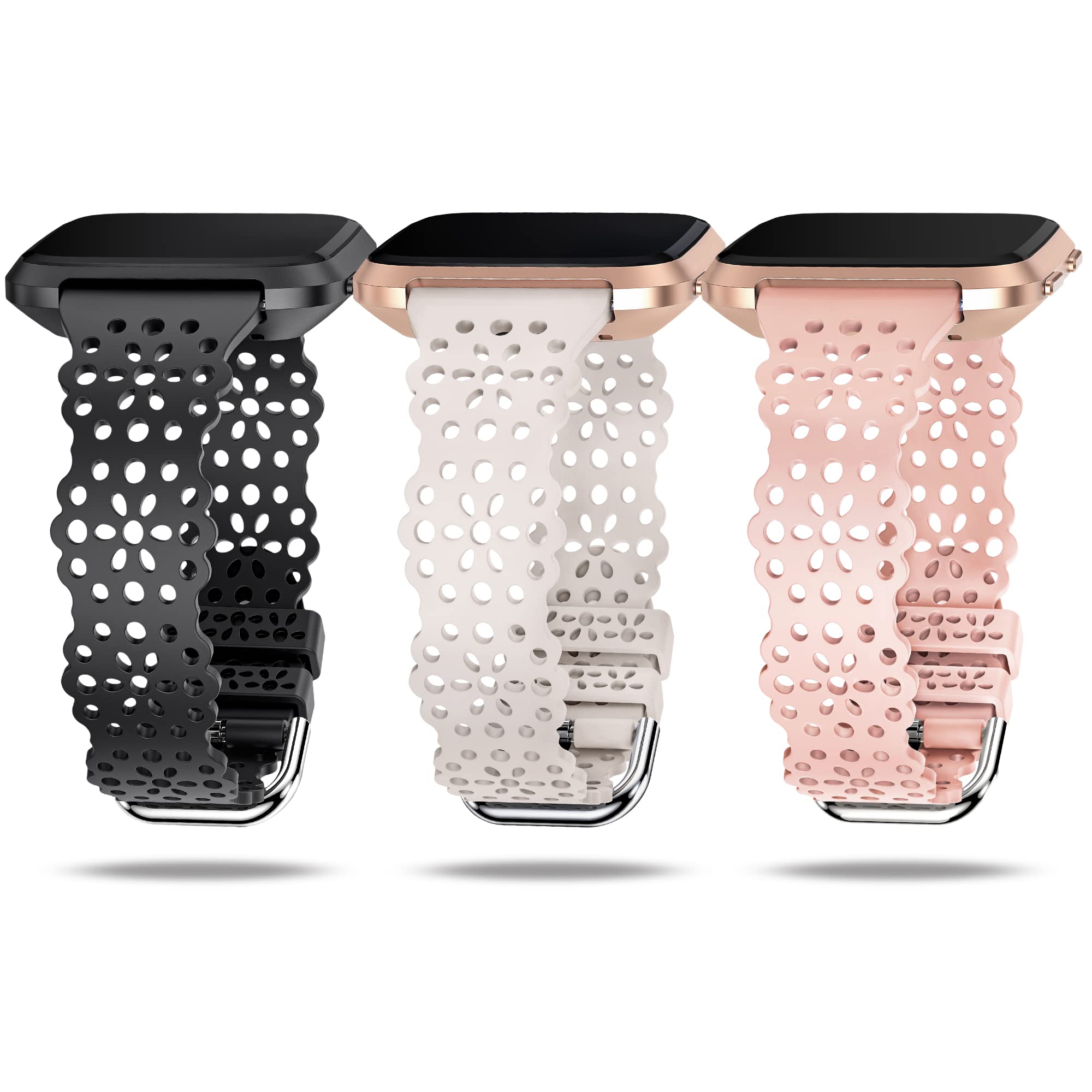 TOYOUTHS 3 Pack Lace Silicone Straps Compatible with Fitbit Versa/Fitbit Versa 2, Women Slim Soft Sport Strap Replacement for Versa Lite/Versa SE, Black+Starlight+Pink