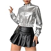 OYOANGLE Women's Metallic Zip Up Crop Jacket Long Sleeve Mock Neck Bomber Jackets Outerwear