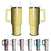 Kearscupra 40oz Lemon Tumbler with Handle and Straw, Yellow Stainless Steel Insulated Cup with Lid and Straw, Travel Coffee Mug Water Bottle, Birthday Mothers Day Gifts for Women Men