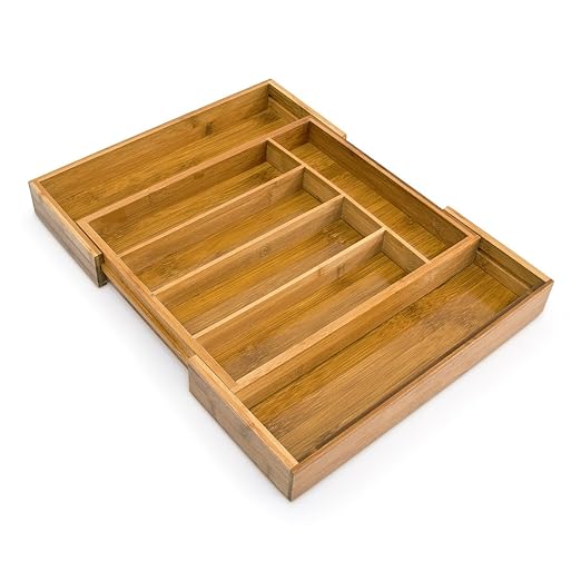 Relaxdays Besteckkasten Bambus, groß, 5 bis 7 Fächer, Besteckeinteiler, Schubladeneinsatz HBT: 5 x 48,5 x 37 cm, natur