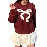 SHENHE Women's Bow Print Sweater Oversized Crew Neck Soft Dressy Holiday Sweater Pullover