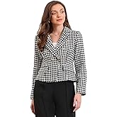 Plaid Cropped Blazer for Women Houndstooth Notch Lapel Long Sleeve Button Down Business Casual Suit Jacket