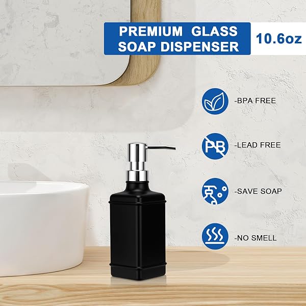 UHEY HOME GLASS SOAP DISPENSER BATHROOM, 10.6OZ REFILLABLE LIQUID HAND LOTION SOAP DISPENSER WITH RUST-PROOF PLASTIC PUMP FOR KITCHEN