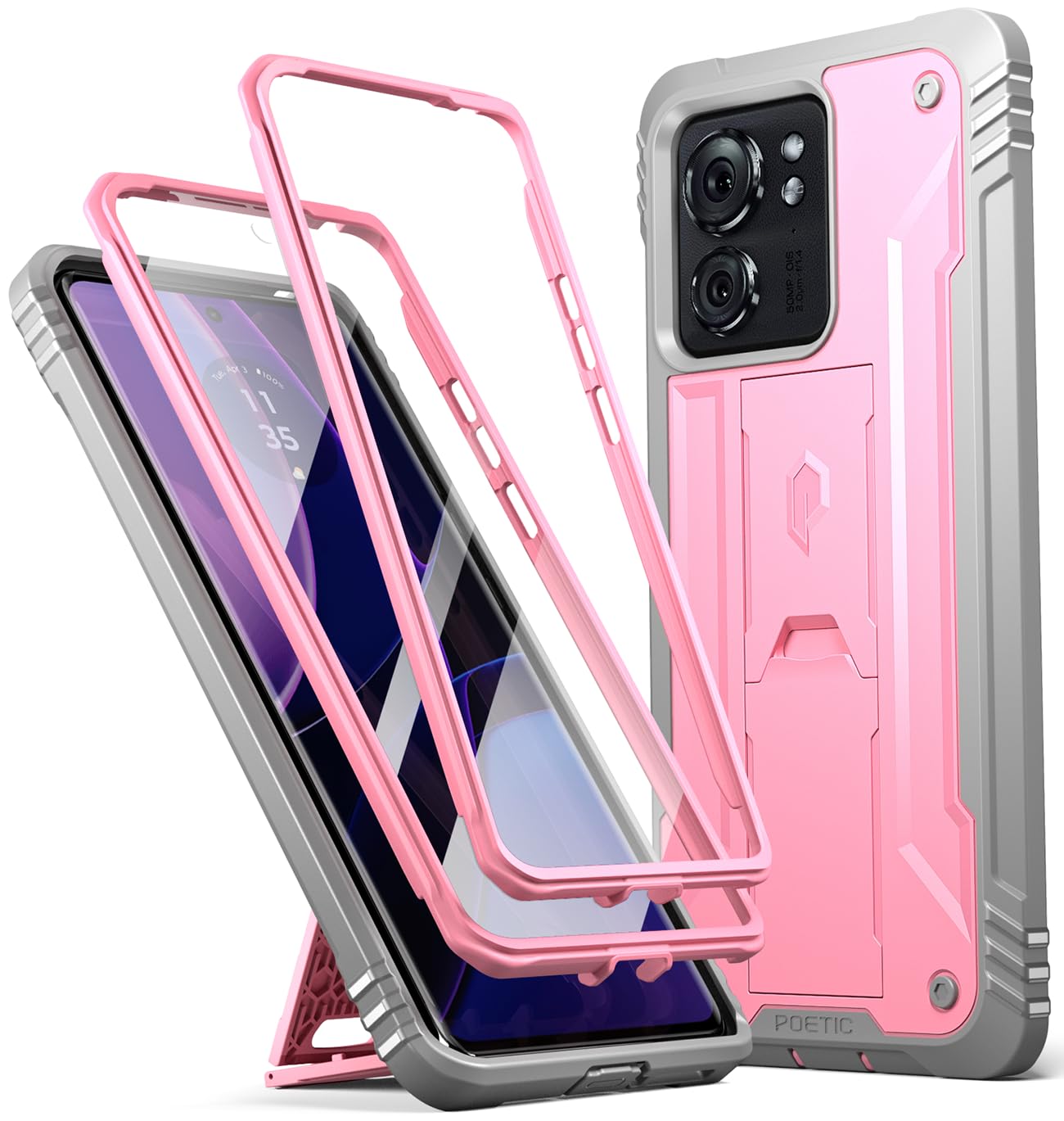 Poetic Revolution Case for Motorola Moto Edge 6.6" 2023[Not for 2022 Version],[20FT Mil-Grade Drop Tested], Full-Body Shockproof Protective Cover with Kickstand and Built-in-Screen Protector, Pink