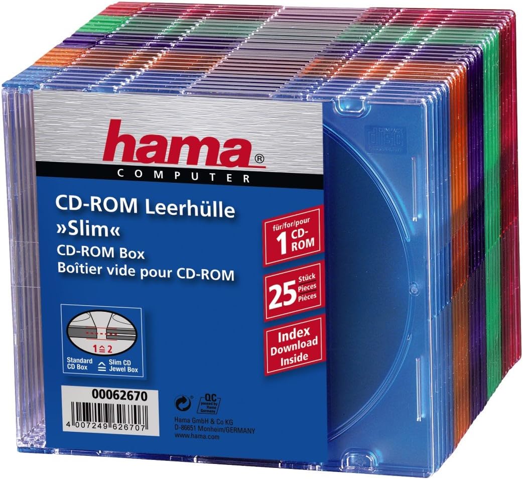 Hama - CD-ROM Slim Empty Boxes, Pack 25, Colour Assorted, Multi: Amazon.es: Informática