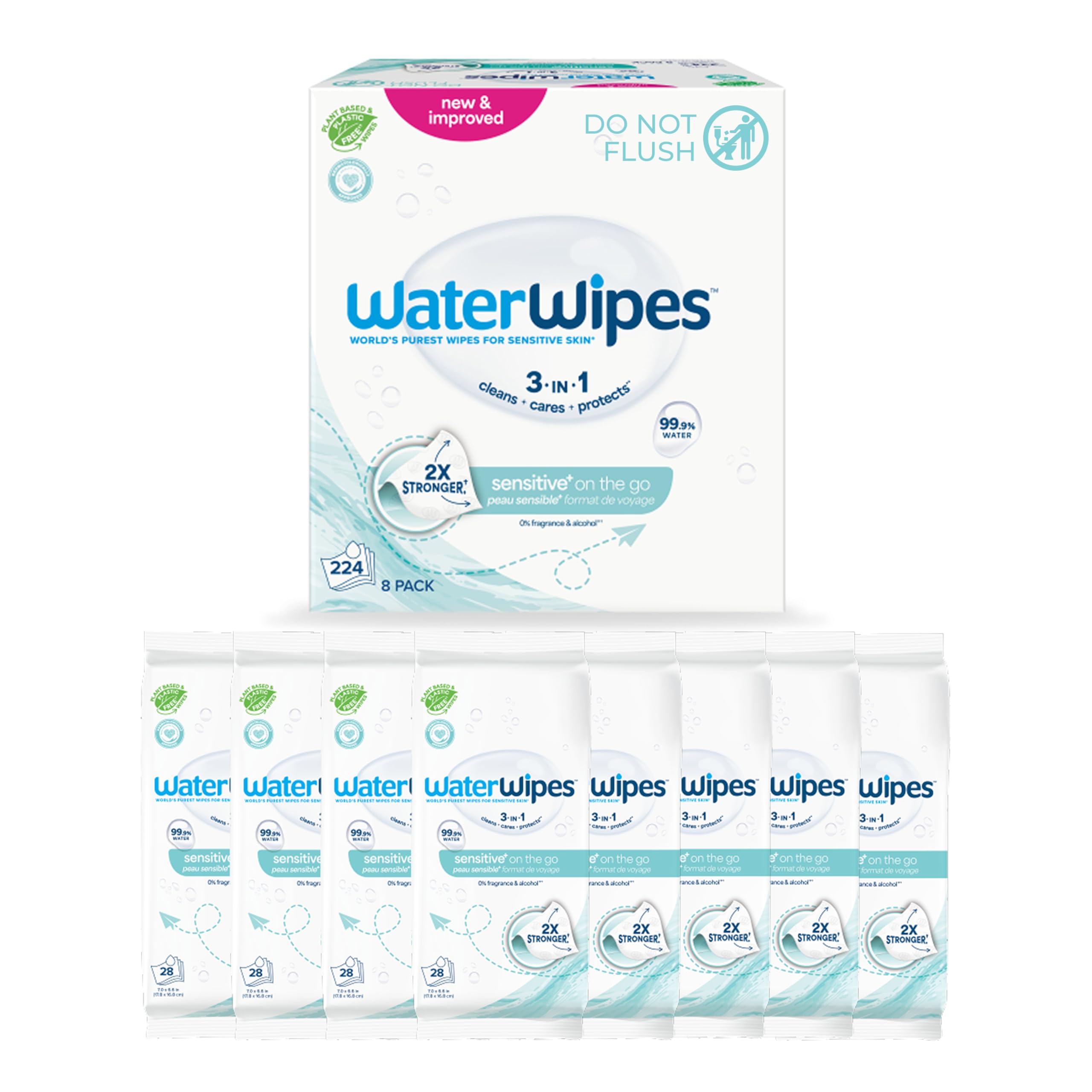 Photo 1 of **PARTIAL SET/ ONLY 6 PCS** WaterWipes Sensitive+ On The Go Wipes, 3-In-1 Cleans, Cares, Protects, 99.9% Water, Unscented & Hypoallergenic Wet Wipes, 224 Count (8 Packs)