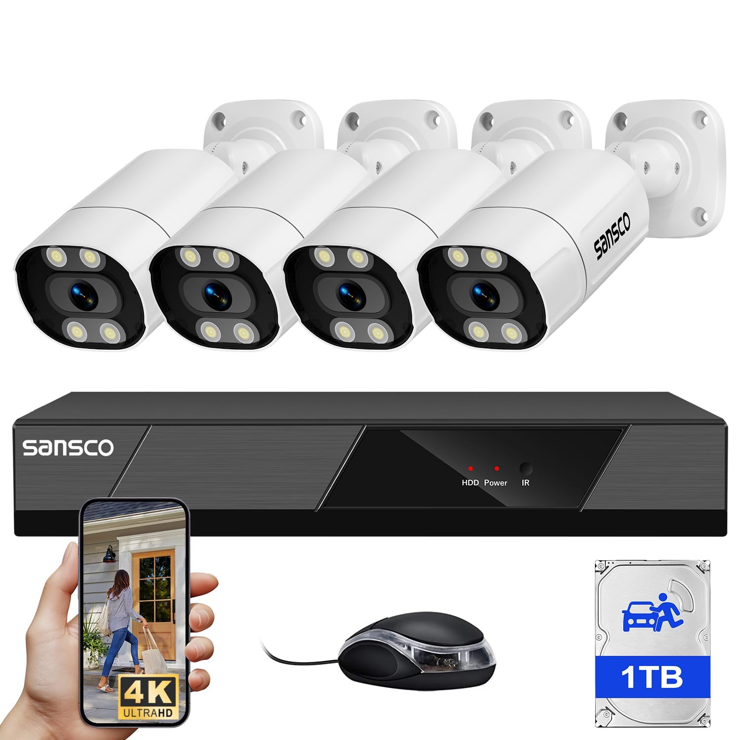 SANSCO 4K PoE Security Camera System, 8CH NVR with 1TB HDD, 4 x 4K Outdoor IP Cameras with Two-Way Audio, Human/Vehicle Detection, Smart Color Night Vision, H.265, 24/7 Recording, Remote Access