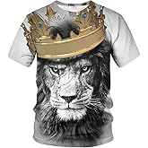 Fiswaki Lion King Men's Shirt Lion Head Wearing Crown Domineering White T-Shirt