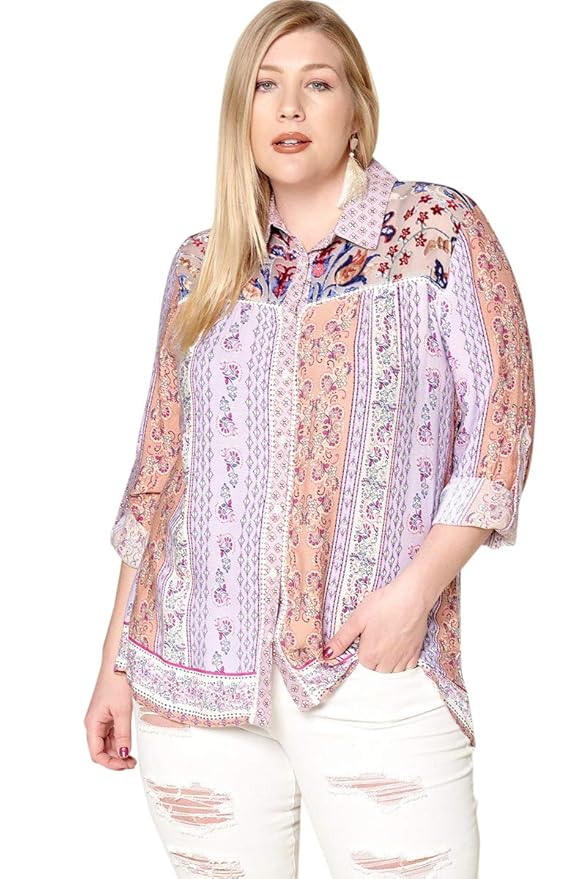 Buy Oddi Womens Plus Size Button Down Collared Western Shirt with