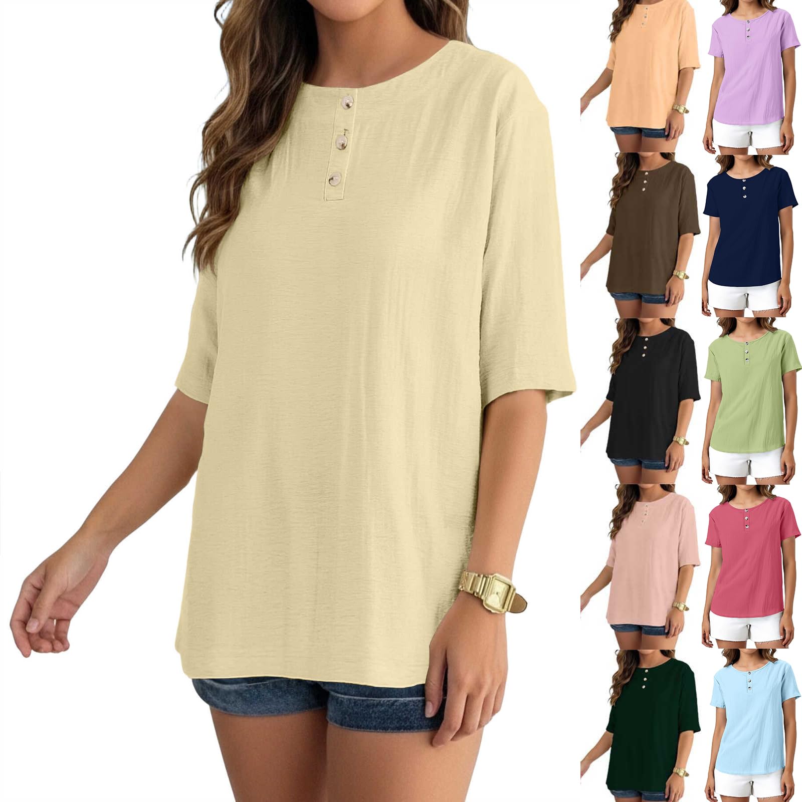 Linen Shirt for Women Loose Henley Button Fly Tee Breathable Soft Comfort Everyday Casual Tunic Short Sleeve Boho Tops 2026 Beige
