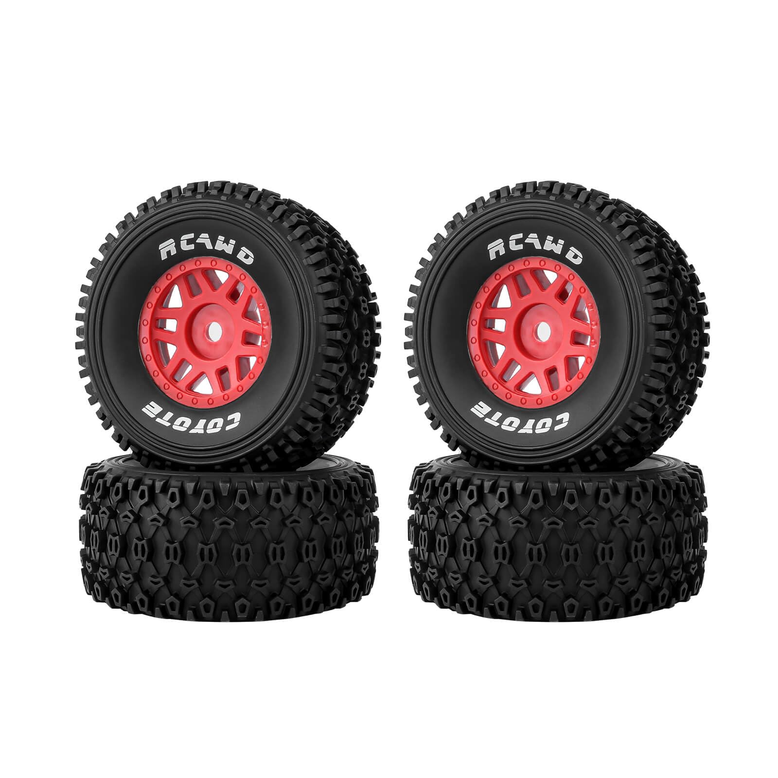 RCAWD 4Pcs 1/16 RC Tires Wheels for Arrma Mojave Grom ARA2104 ARA2304 ARA2304S Pre Glued Nylon Rubber Tires Upgrade Part 12mm Hex Hub（Red）