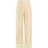 ODIZLI Womens Wide Leg Sparkle Sequin Pants Elastic High Waisted Bling Glitter Dance Pants