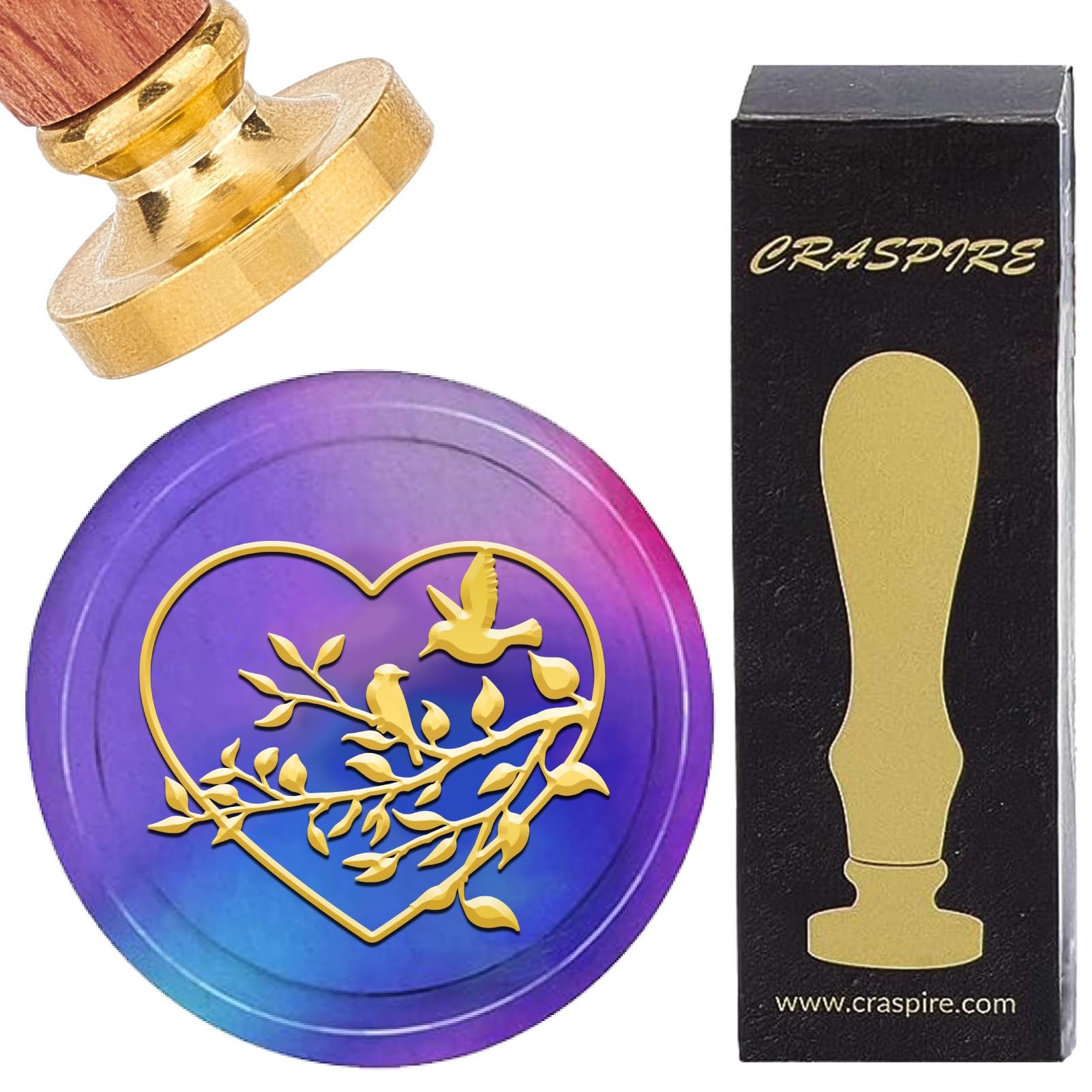 CRASPIRE Heart Wax Seal Stamp 25mm Branch Love Heart Bird Sealing Wax Stamps with Retro Wooden Handle Removable Brass Head for Envelopes Letters Wedding Invitations Party Thanksgiving Gifts Packing