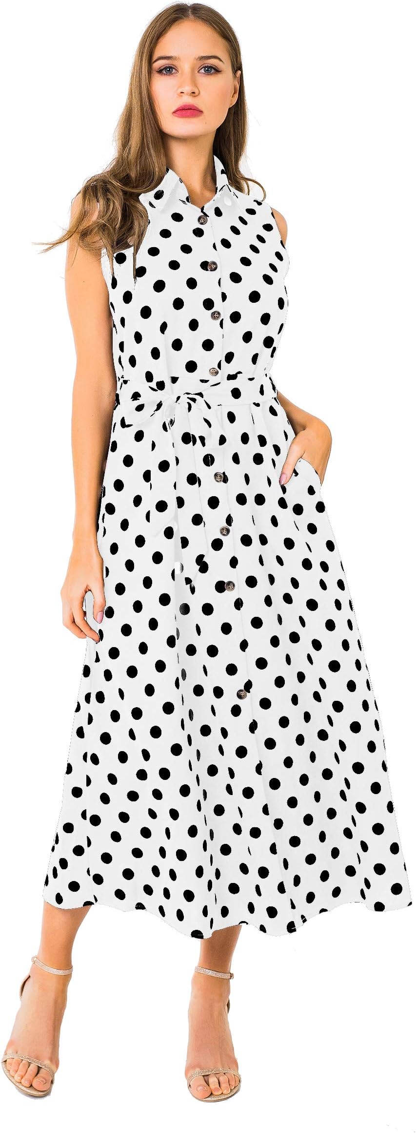 Alice CO Women's Vintage Lapel Collar Polka Dot Button Pockets Casual Work Shirt Dress with Belt