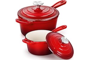 E-far Sauce Pan Set with Lid, 1Qt & 2Qt Enameled Cast Iron Pot Sets for Kitchen Cooking, Small Heavy Duty Dutch Oven Saucepan