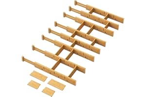 kiplant Bamboo Drawer Dividers - Adjustable Drawer Dividers for Clothes, Kitchen, Closet & Office - 8 Pack with Inserts, 18-22.6 Inches, Non-Slip Silicone Ends