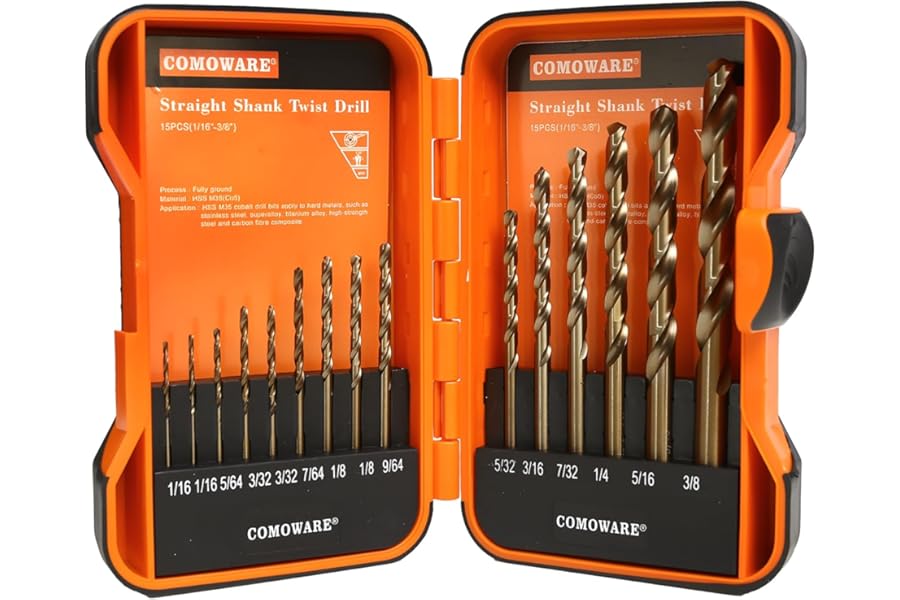 COMOWARE 15Pcs Drill Bit Set (1/16"-3/8"), M35 HSS Twist Drill Bits, Jobber Length, Straight Shank, Metal Drills bit Set for Steel, Stainless Steel/Iron/Wood/Plastic, with Storage Case