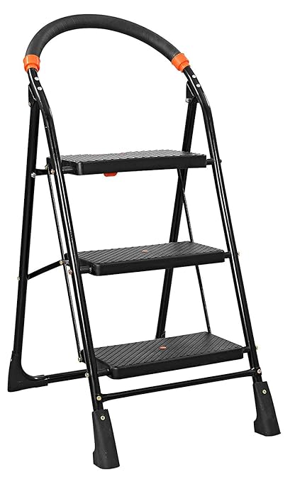 Parasnath Black Heavy Folding Ladder with Wide Steps Milano 3 Steps 3.1 Ft Ladder (Made in India)