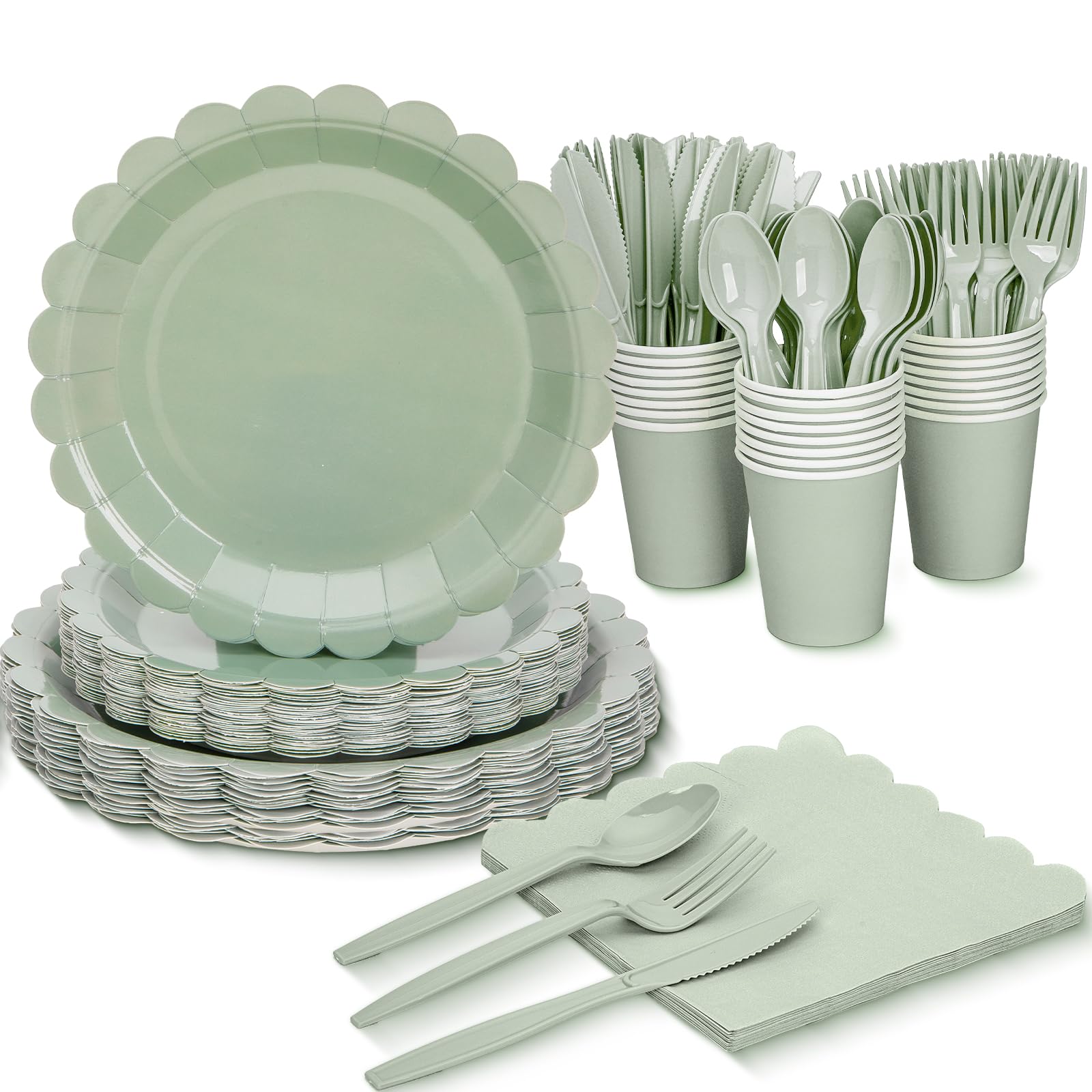 View 1 of 168 Pcs Sage Green Paper Plates and Napkins, Sage Green Party Supplies Include Scalloped Plate Napkins Cups Forks Knives Disposable Plastic Cutlery for Wedding, Baby Shower Birthday Party