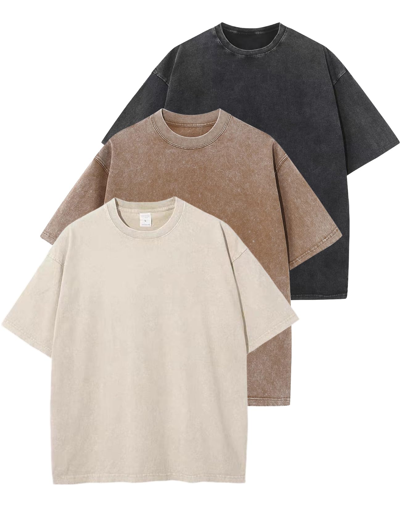 Photo 1 of Arssm 3 Pack Men Oversized T Shirts Vintage Tee Loose Fit Short Sleeve Casual Streetwear Baggy Washed Unisex Tops(BlackKhakiBeige-XXL)