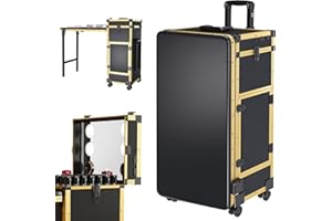 Vantic Rolling Portable Manicure Table with 3 Drawers, Rolling Manicure Table Case with LED Mirror and Bluetooth Speaker, Foldable Nail Desk with Telescopic Handle on Wheels, Black-Gold