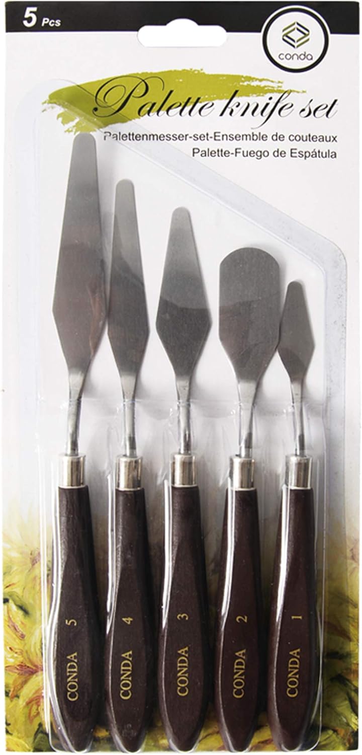 CONDA Palette Knife Painting Stainless Steel Spatula Palette Knife Oil Paint Metal Knives Wood Handle (Red 5 Piece)