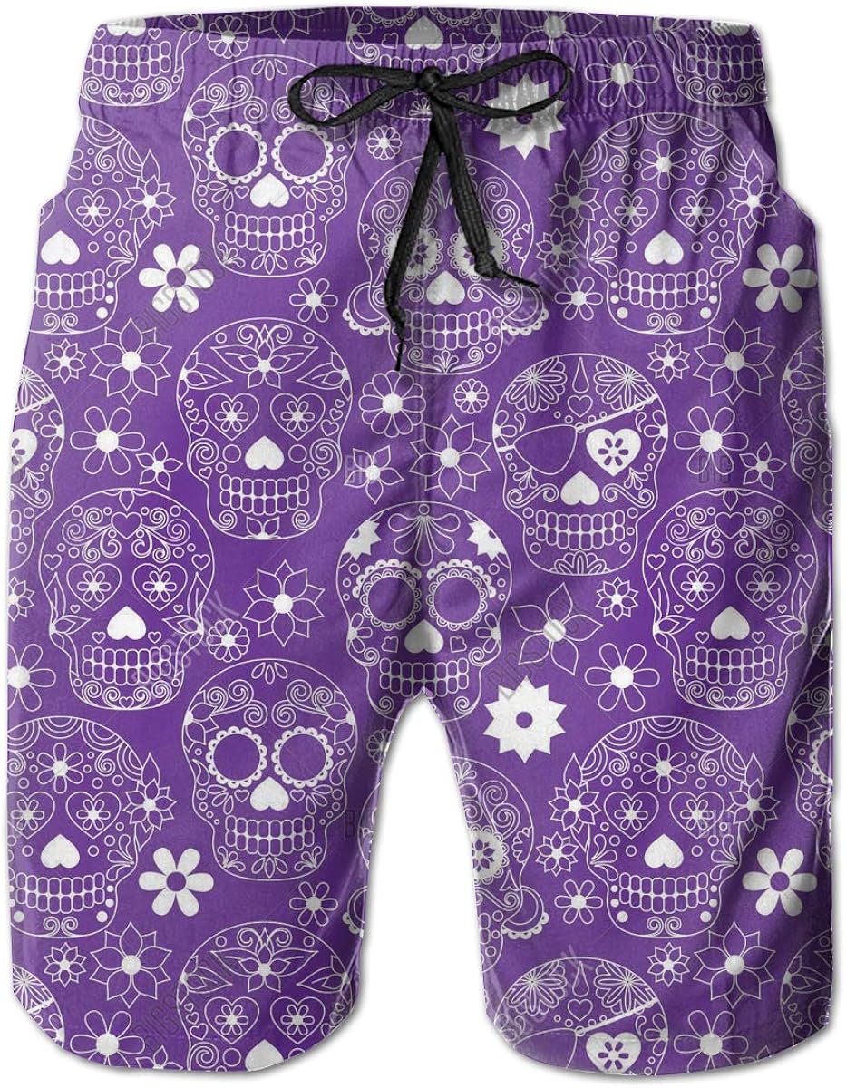 Boys Board Shorts Purple Floral Sugar Skull Quick Dry Swim Surf Trunks