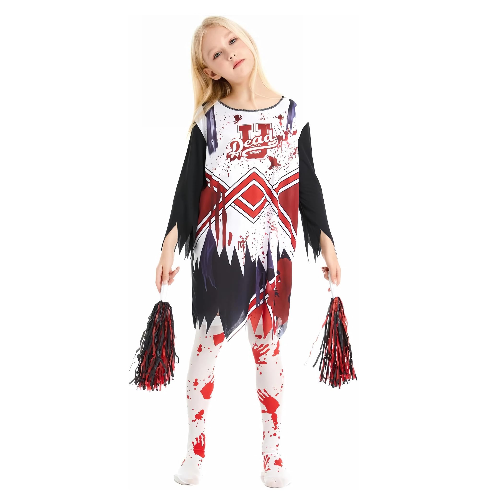 Veroda Halloween Zombie Horror Campus Dead Cheerleader Costumes Dress Pom Poms Socks for Kids Girls Halloween Costume (M(9-11 years))