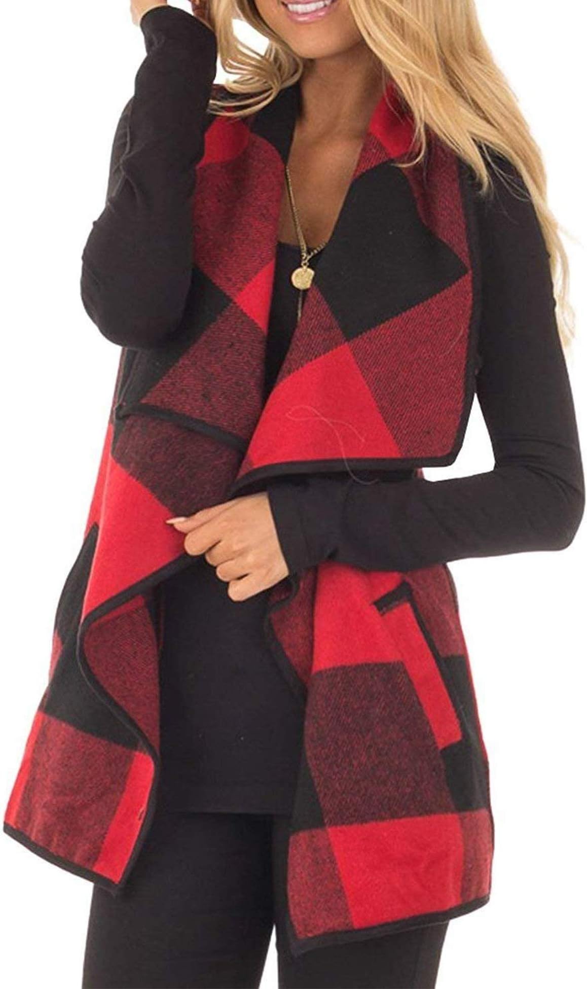 modase Womens Sleeveless Vest Plaid Draped Open Front Buffalo Hem Tops Jacket Casual Coat Cardigan