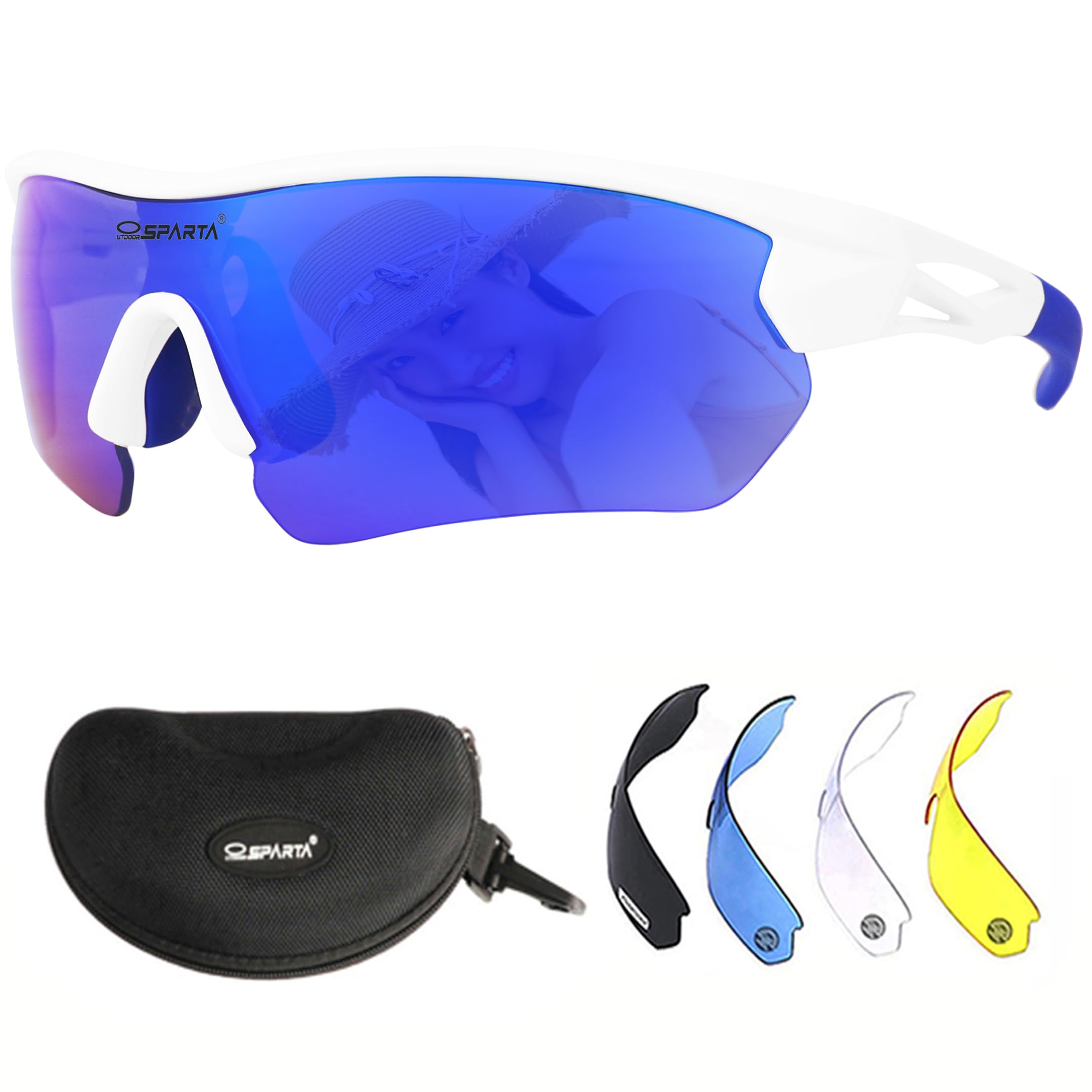 OUTDOORSPARTA Sports Sunglasses(9. White Frame, Full Lens Mirrored Blue)