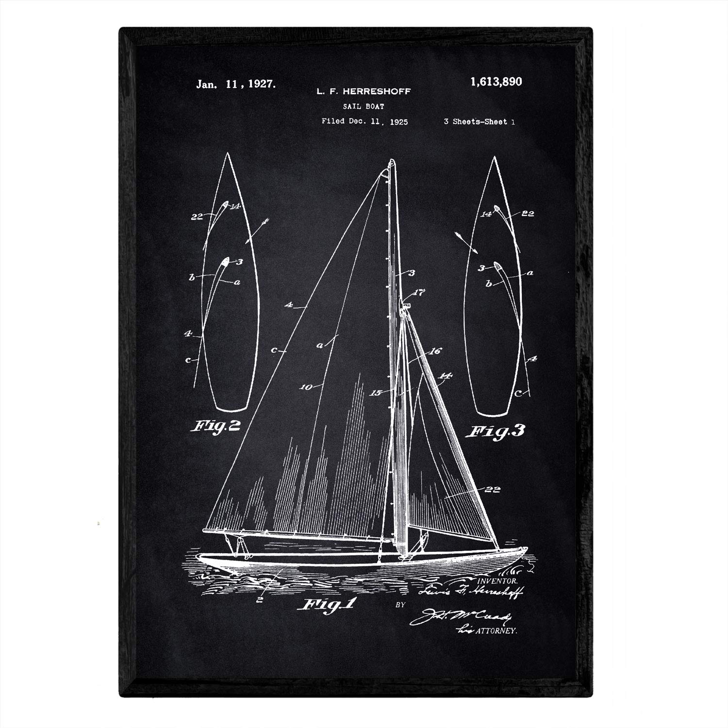 Nacnic Poster with patent sailing ship. Sheet with old design patent A3 size with black background
