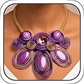 Wosois Statement Necklace and Earring Set, Purple Spiral Wire Design with Iridescent Stones,Gold Mesh Chain