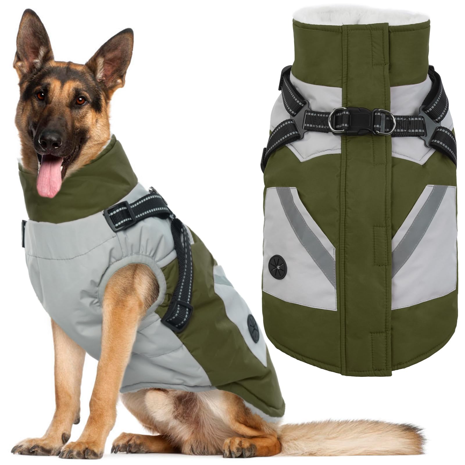 Photo 1 of IECOii Dog Jacket Winter Harness Built in -Green,XXXLarge- Zip Up Dog Coat Winter Clothes for Large Dogs Waterproof, Dogs Snowsuit Snow Jacket D-Rring Labrador German Shepherd Doberman Rottweiler