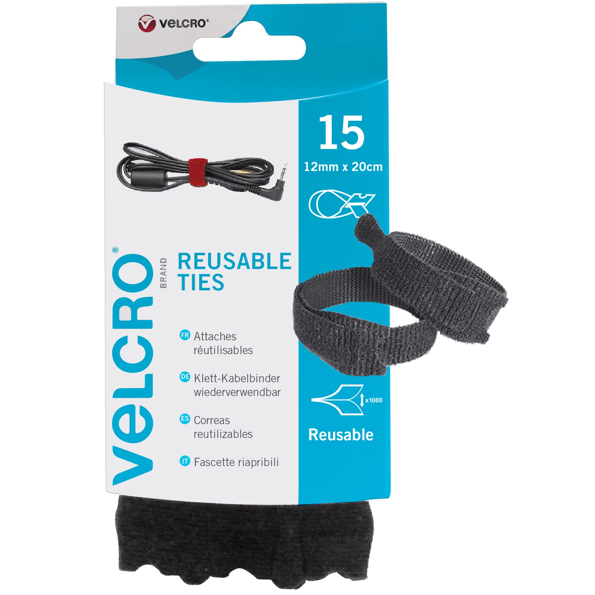 VELCRO Brand | ONE-WRAP | Reusable Ties | Multi-Purpose Ties Perfect Desk Accessories for Cable Management & Home Improvement | Black | 12mm x 20cm | Pack of 15