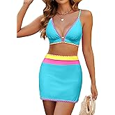 ZAFUL Women's High Waisted Bikini Sets Tummy Control Swim Skirt Color Block String Swimsuit Curvy Bathing Suits