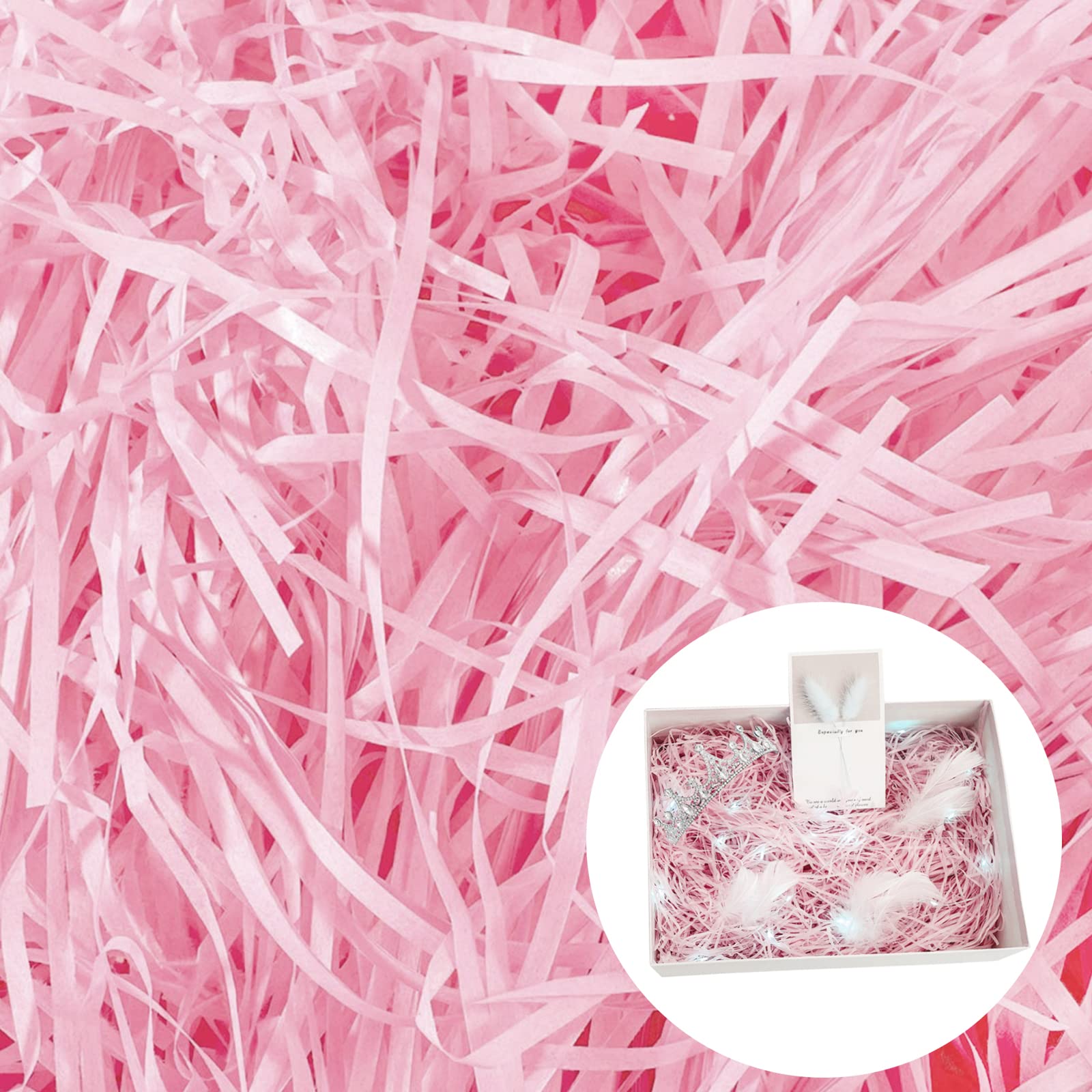 Cinvo 200 Grams Shredded Paper Shreds Confetti Raffia Tissue Paper Fine Cut Strands for Gift Box Decoration Packaging Filler Hamper Filling Stuffing Party Supplies Easter Holiday Decor(Pink)