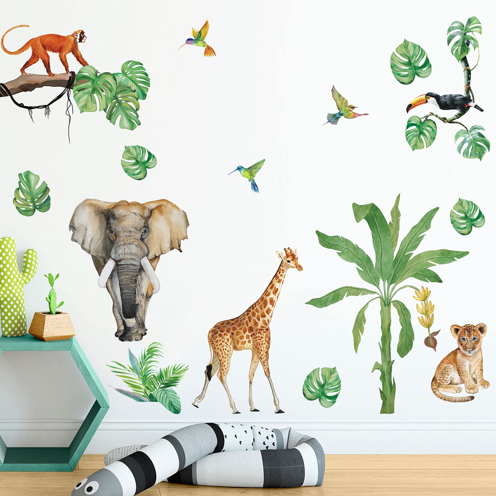 decalmile Jungle Animals Wall Decals Elephant Giraffe Tropical Leaves Wall Stickers Living Room Baby Nursery Kids Room Wall Decor