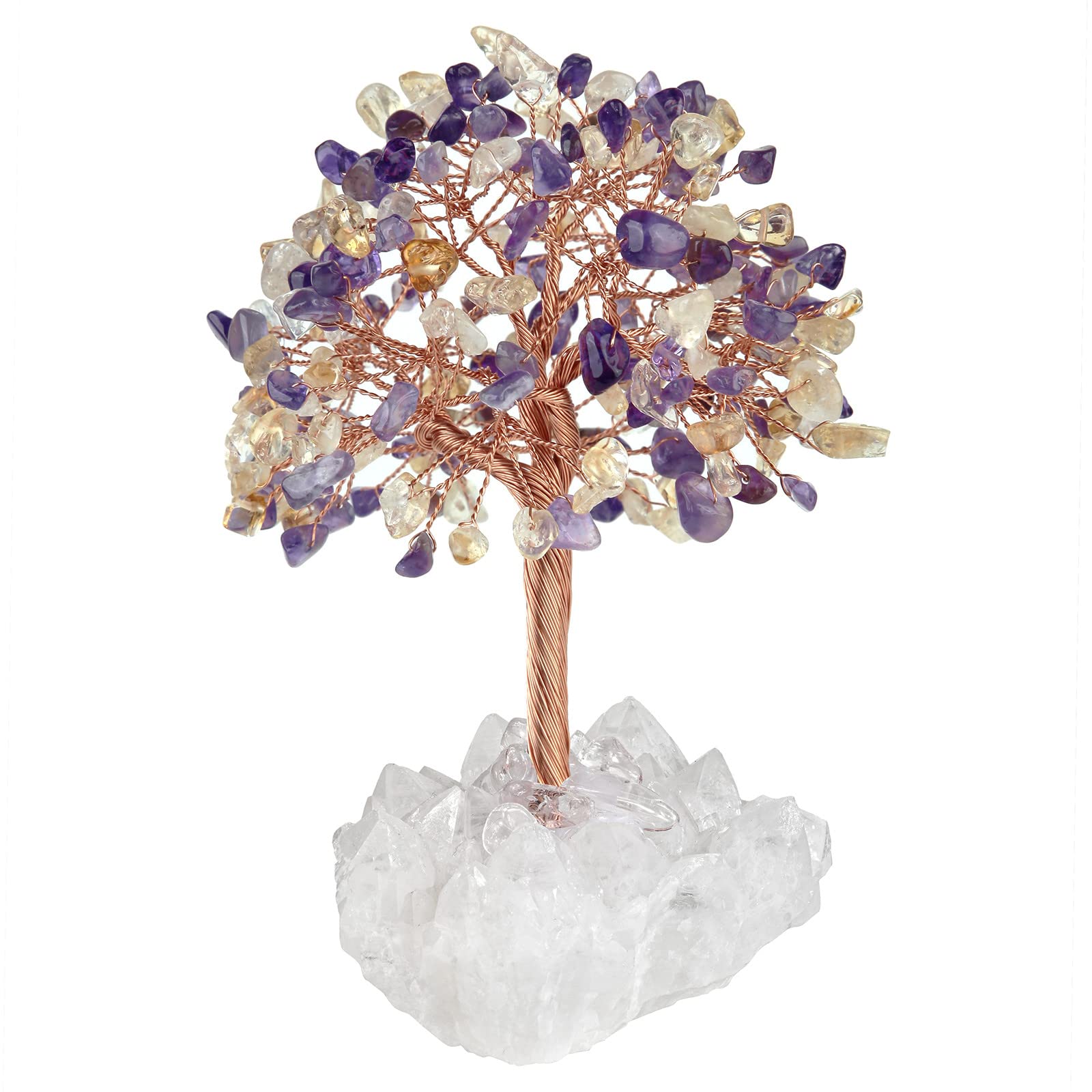 Nupuyai Amethyst & Citrine Crystal Money Tree with Rock Crystal Cluster Base, Good Luck Fengshui Figurine Spiritual Healing Stone Tree Ornament for Home Office Decor