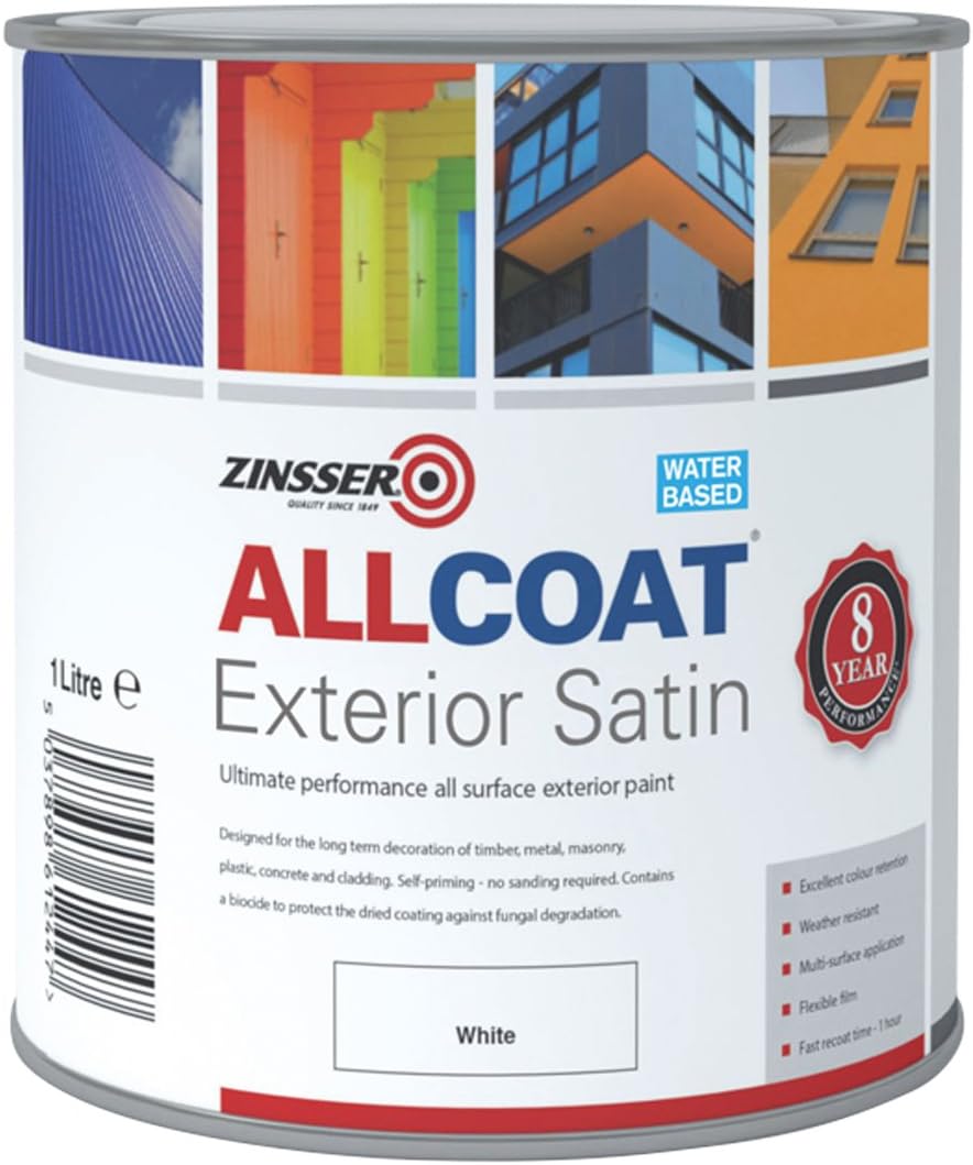 Zinsser Allcoat Exterior Water Based Paint Satin White 1 Litre