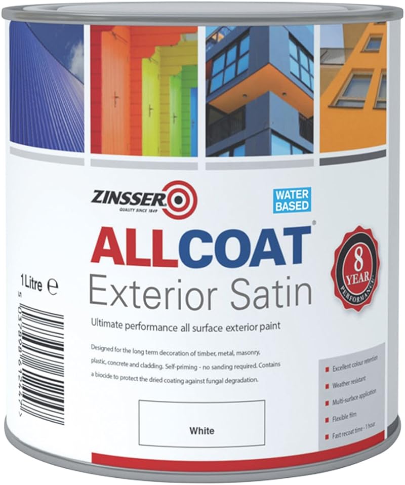 Zinsser Allcoat Exterior Water Based Paint Satin White 1 Litre
