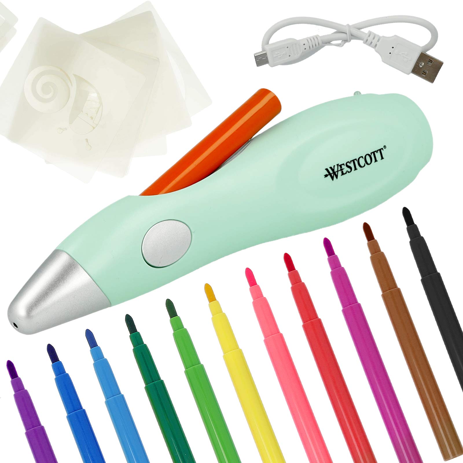 Westcott airbrush set for children | Electric paint spray pen in starter set with 12 felt pens & 19 stencils | Airbrush fun for drawing and painting | Rechargeable battery & USB charger | E-16800 00
