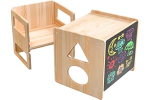 Woodure 3-in-1 Toddler Table and Chair Set, Height-Adjustable Sensory Wooden Weaning Table for Kids Age 1-5, Ideal for Reading Drawing Dining, Gift for Boys Girls
