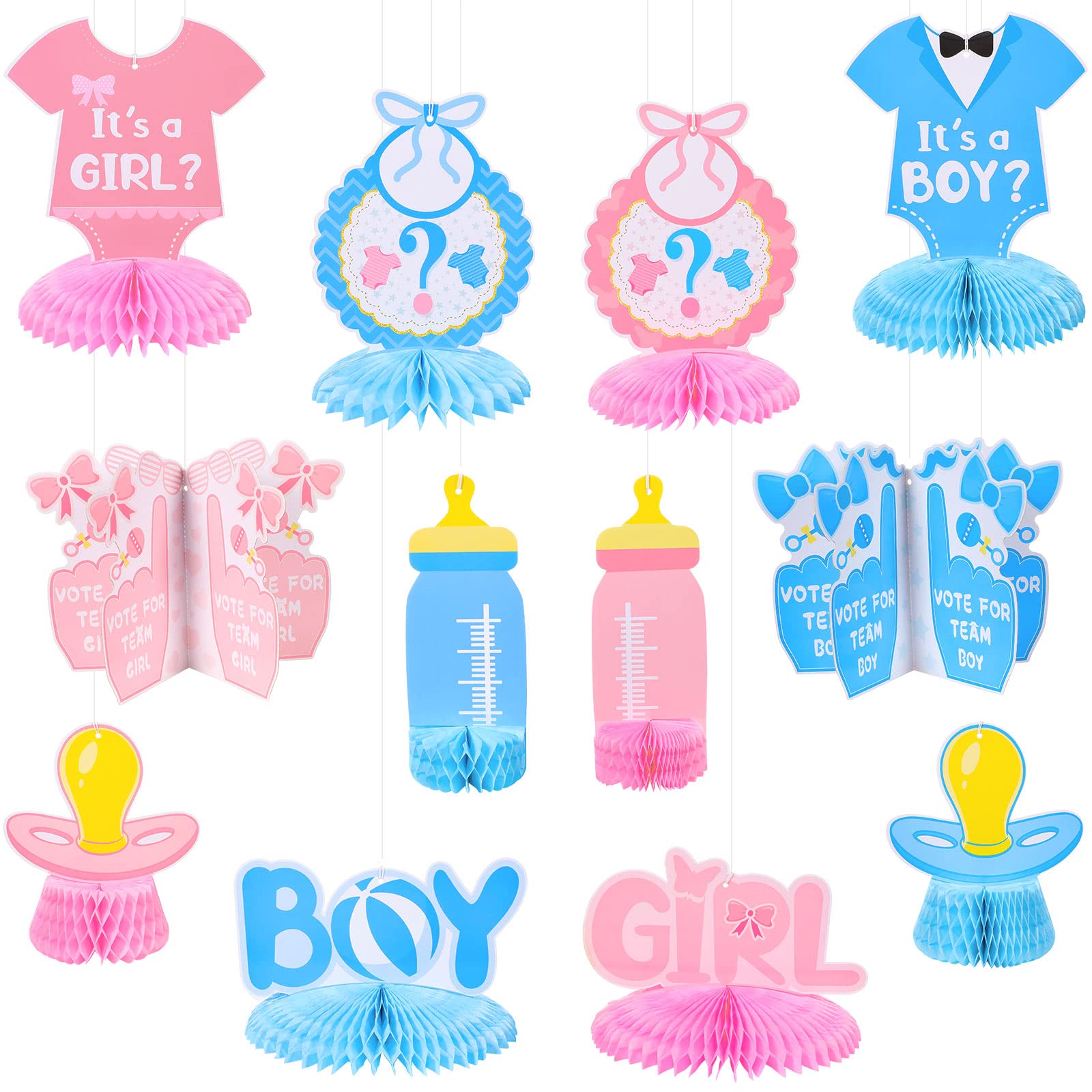 Dianelhall 12 Pcs Gender Reveal Table Centerpieces Decorations Baby Boy or Girl 3D Honeycomb Blue and Pink He or She Hanging Decorations for Baby Shower Newborn Pregnancy Announcement Party