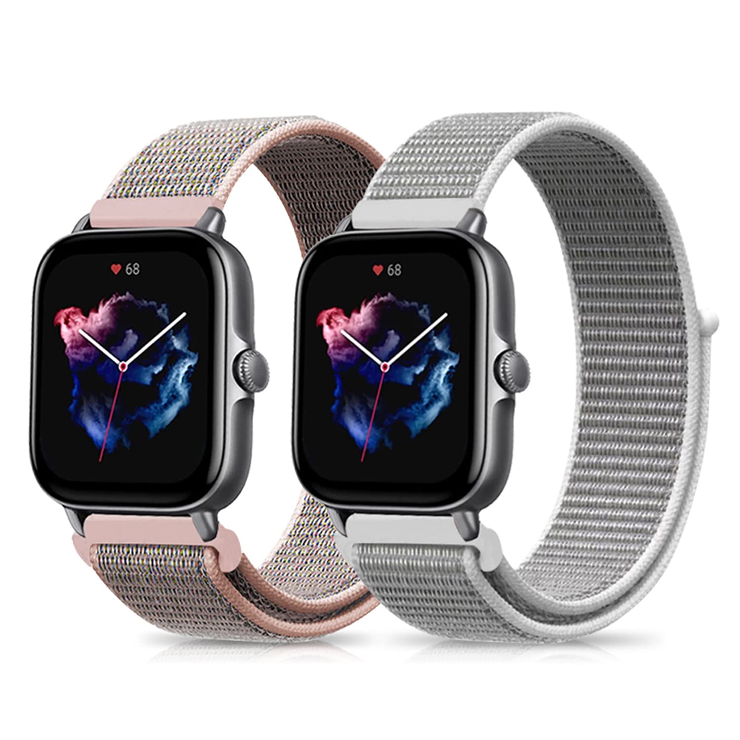 Niboow 20mm Strap Compatible with Amazfit T-Rex 3 Pro 44mm/Active 2/Active/GTS 4/GTS 4 Mini/GTS 3/GTS 2 Mini, Nylon Soft Watch Bands for Amazfit GTR Mini/Bip 3/Bip 3 Pro/Bip Lite/Bip U Pro -Pink+White