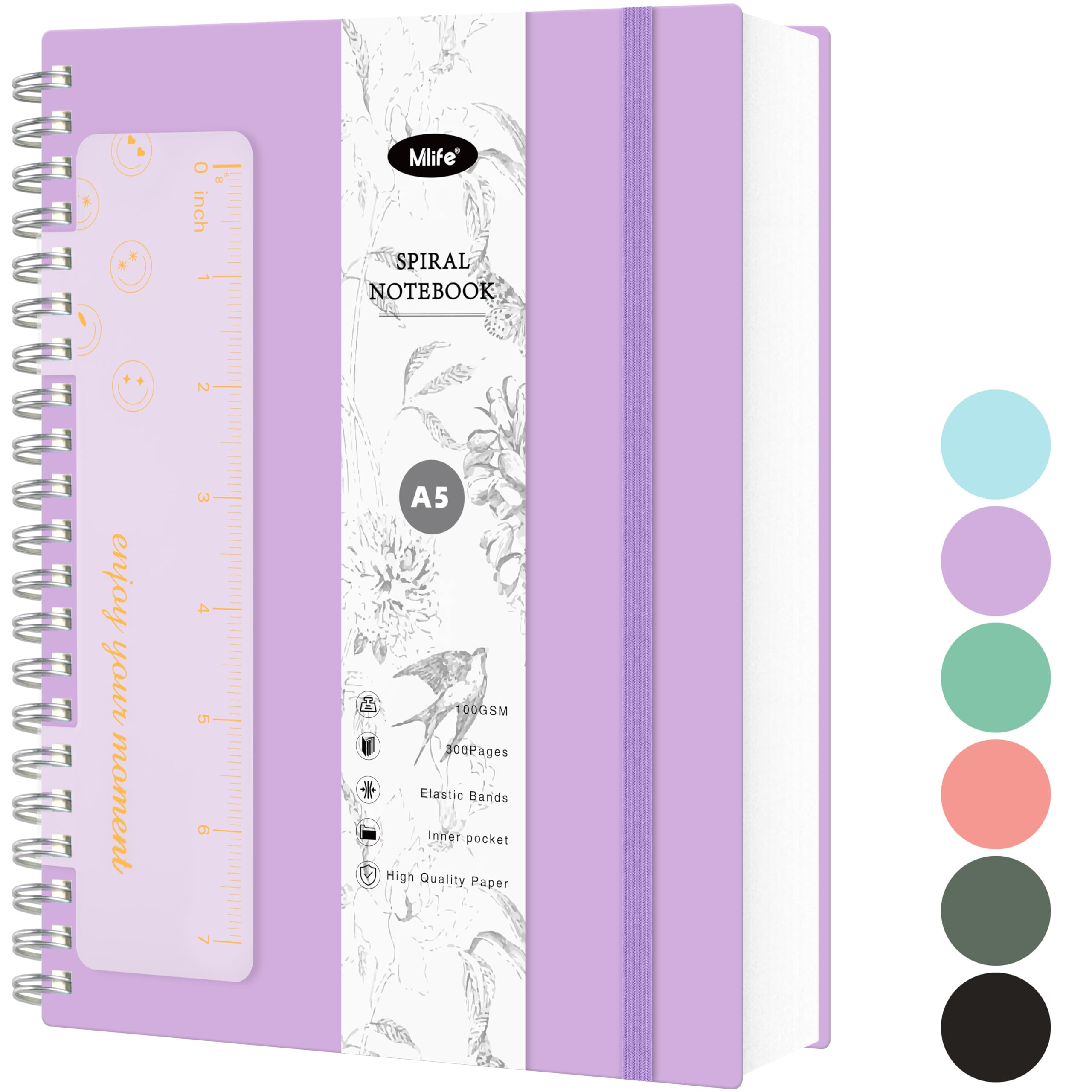 Mlife Notebook A5 Dotted,Bullet Dot Journal,300Page Spiral Notebook,100g/M² Ink-Resistant Paper,PVC Hardcover，with Ruler,Expandable Pockets,Elasticated Ribbon,14.5 * 21cm(Purple)