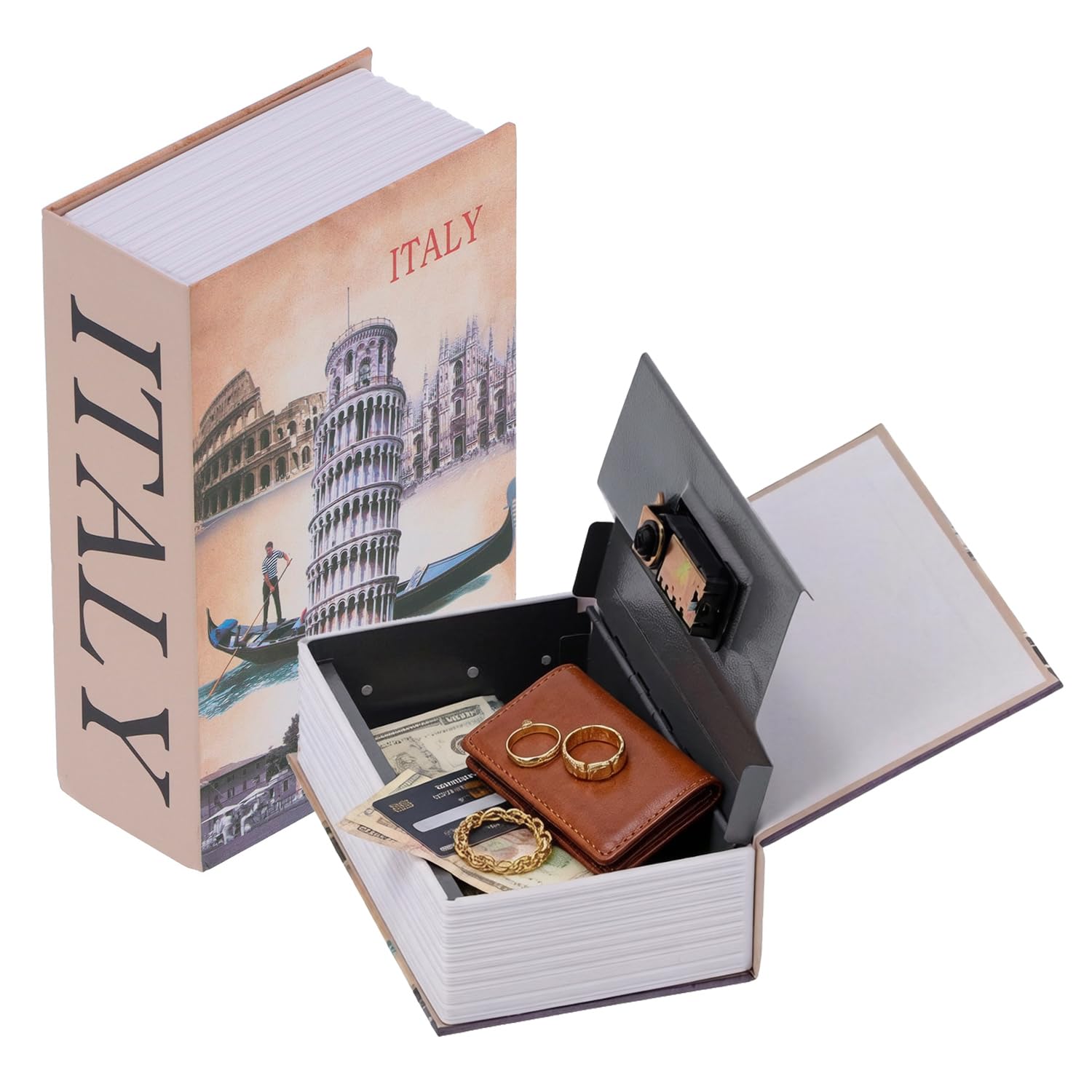 Book Safe with Combination Lock, 7.1 x 4.6 x 2.2in Italy Leaning Tower Book Hidden Storage Box Steel Code Secret Safe Book for Cash Jewelry